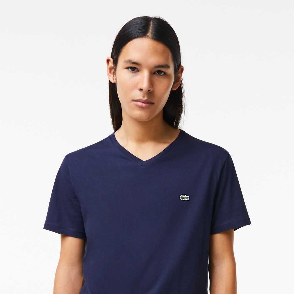 Lacoste V-Neck Pima Cotton Jersey T-Shirt Navy Blue | WQS-469857