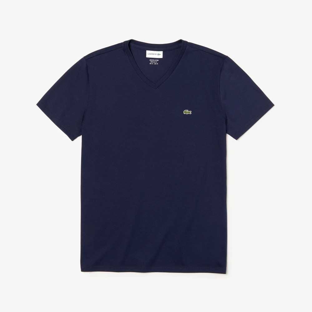 Lacoste V-Neck Pima Cotton Jersey T-Shirt Navy Blue | WQS-469857