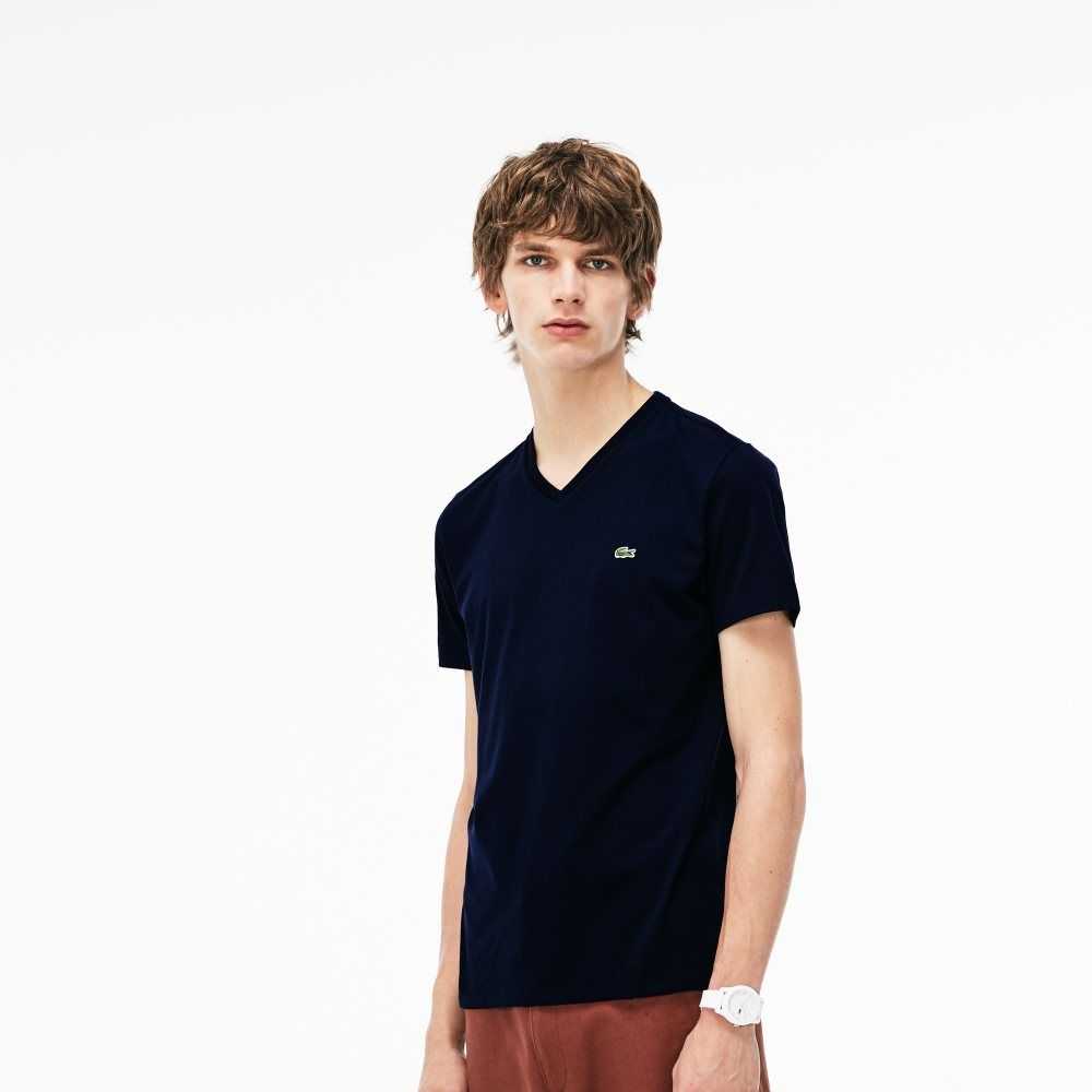 Lacoste V-Neck Pima Cotton Jersey T-Shirt Navy Blue | WQS-469857