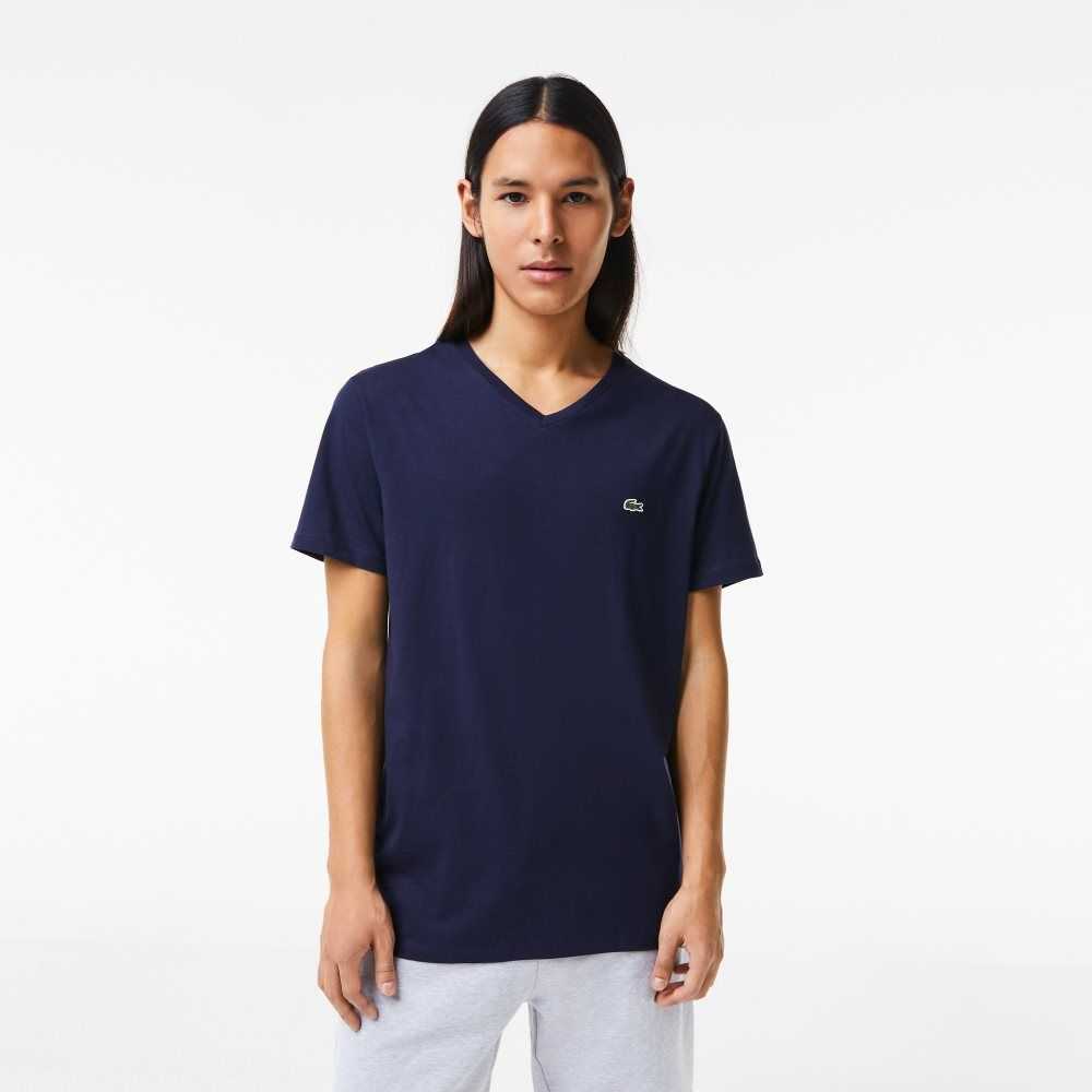 Lacoste V-Neck Pima Cotton Jersey T-Shirt Navy Blue | WQS-469857