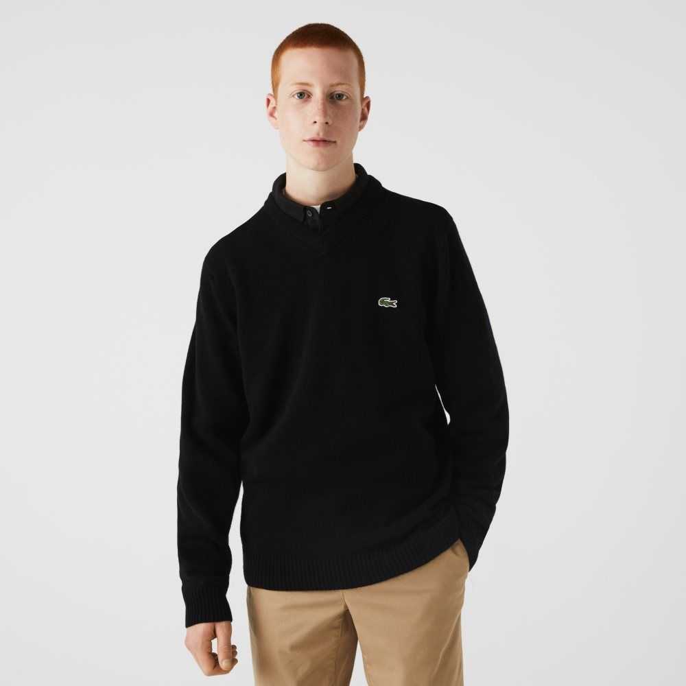 Lacoste V-Neck Wool Sweater Black | EJL-083459