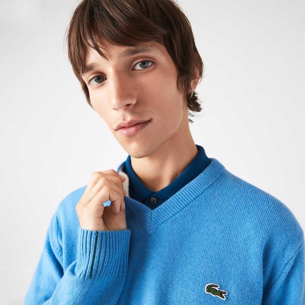 Lacoste V-Neck Wool Sweater Blue | FRY-961045