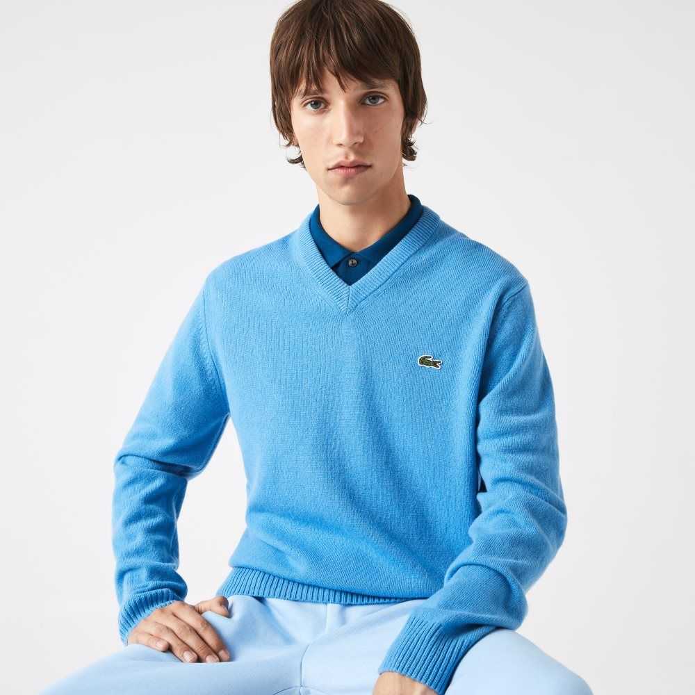 Lacoste V-Neck Wool Sweater Blue | FRY-961045