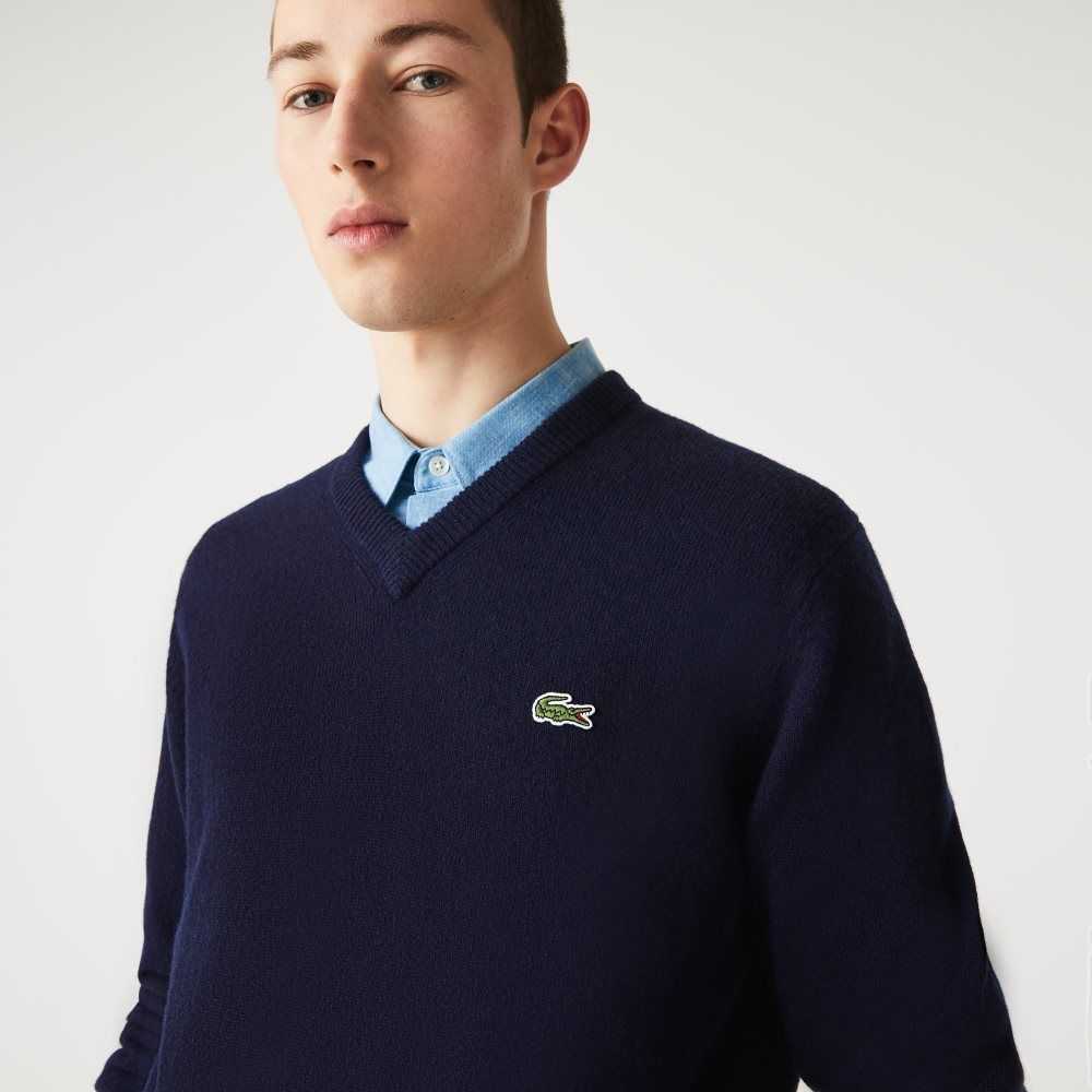 Lacoste V-Neck Wool Sweater Navy Blue | OYH-928635