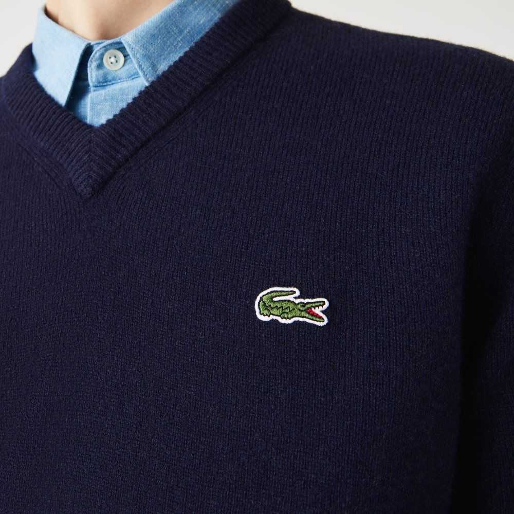 Lacoste V-Neck Wool Sweater Navy Blue | OYH-928635