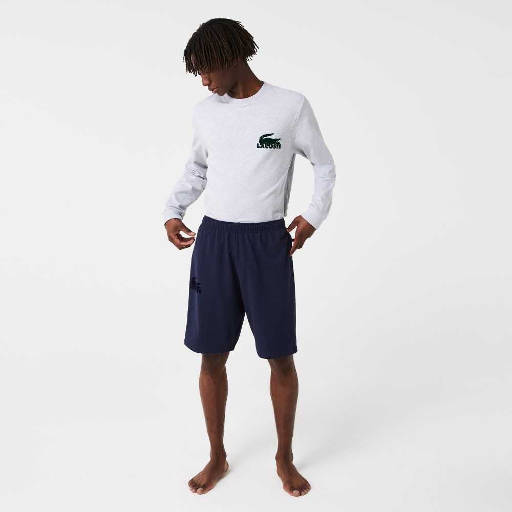 Lacoste Velour Crocodile Cotton Fleece Lounge Shorts Navy Blue | HZC-897346