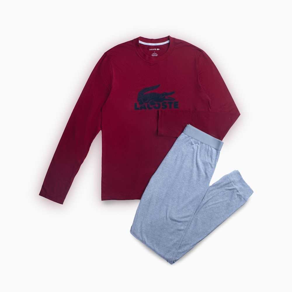 Lacoste Velvet Logo Long Pajama Set Bordeaux / Dark Grey / Grey Chine | RPH-594317