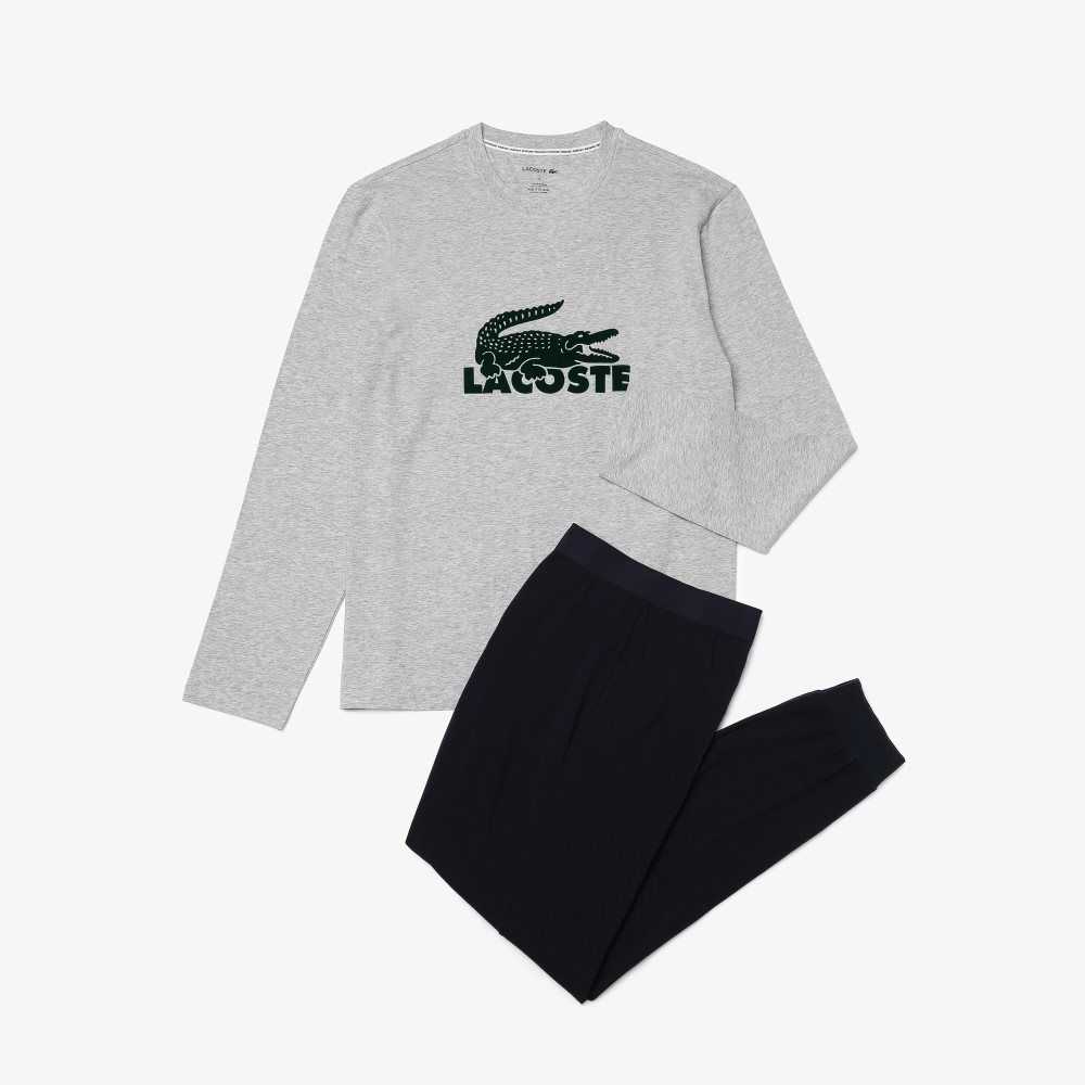 Lacoste Velvet Logo Long Pajama Set Navy Blue / Grey Chine / Green | ROX-189027