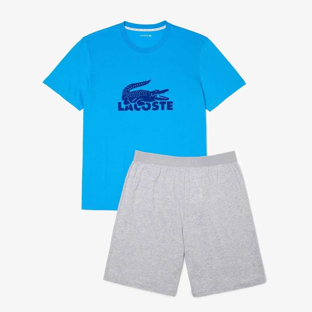 Lacoste Velvet Logo Short Pajama Set Blue / Grey Chine | ZAU-973410