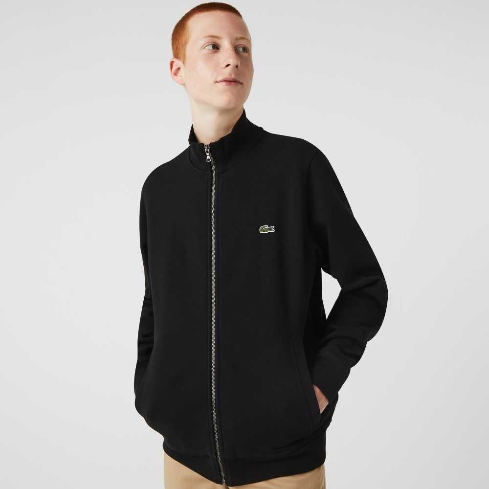 Lacoste Zippered Stand-Up Collar Pique Fleece Jacket Black | AJF-518432