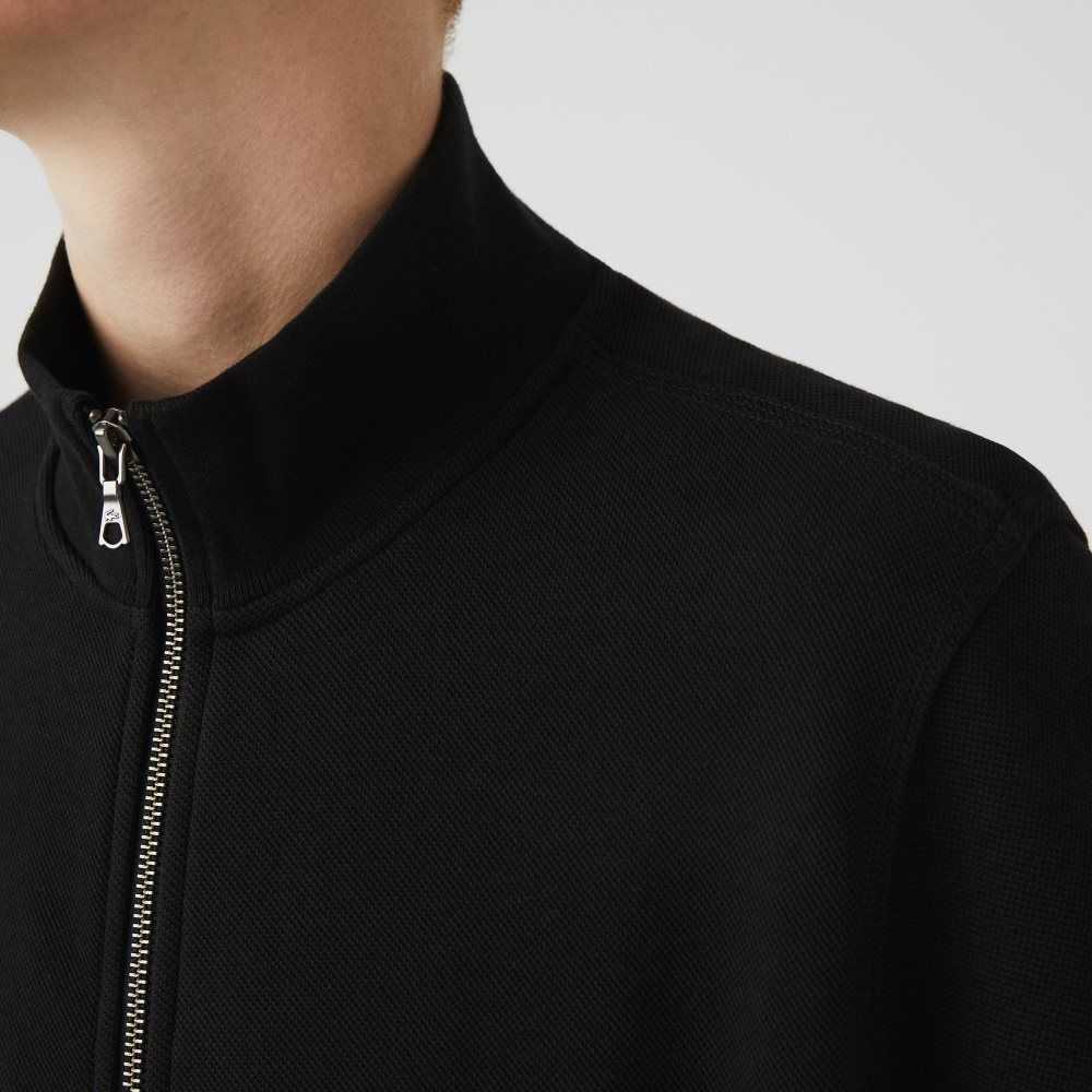 Lacoste Zippered Stand-Up Collar Pique Fleece Jacket Black | AJF-518432