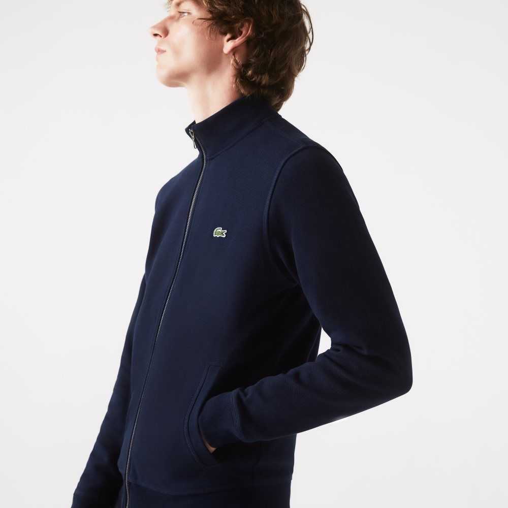 Lacoste Zippered Stand-Up Collar Pique Fleece Jacket Navy Blue | CZO-903642