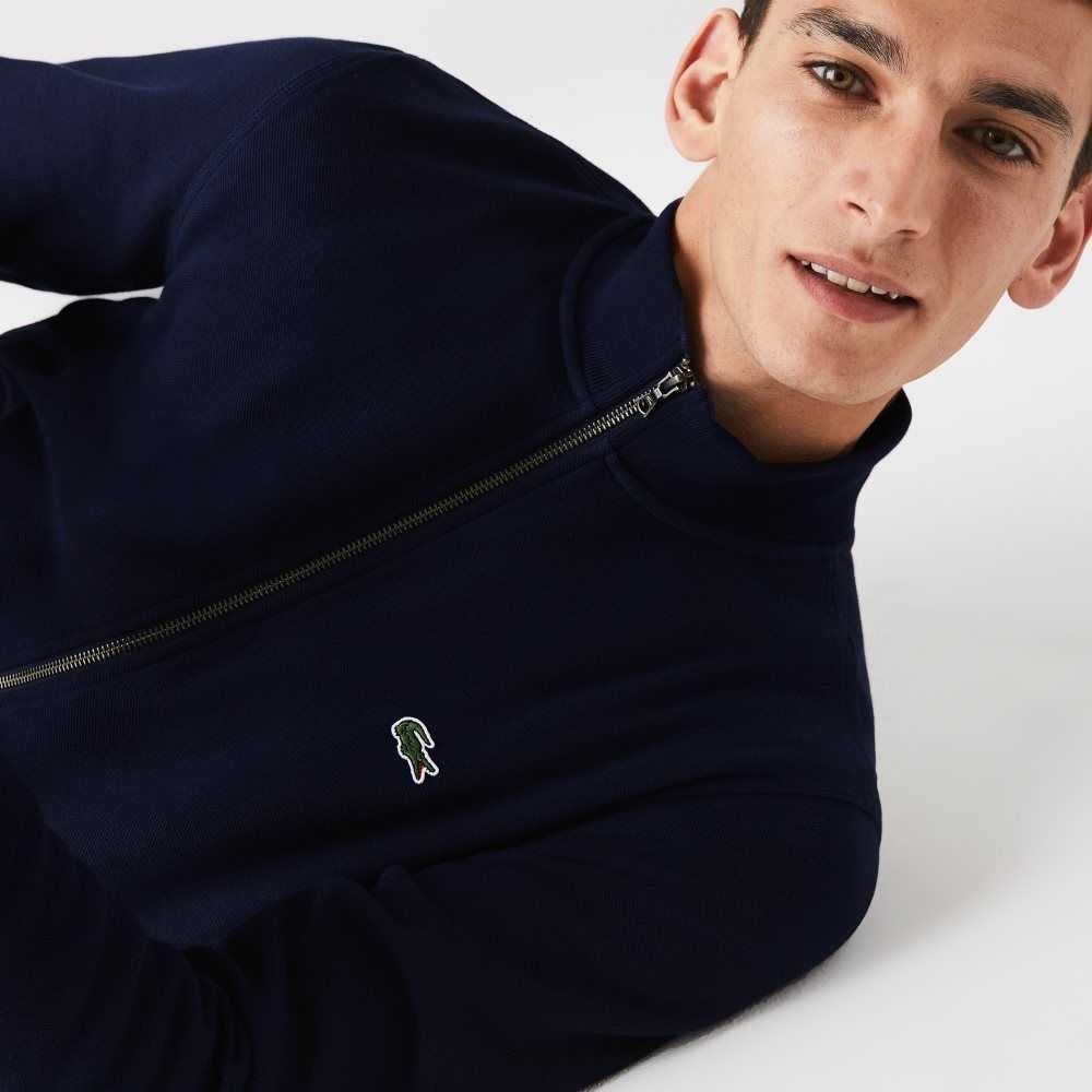 Lacoste Zippered Stand-Up Collar Pique Fleece Jacket Navy Blue | CZO-903642