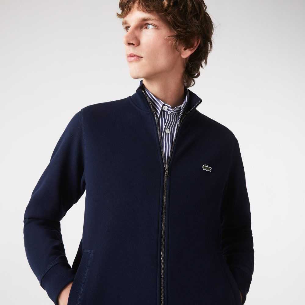 Lacoste Zippered Stand-Up Collar Pique Fleece Jacket Navy Blue | CZO-903642