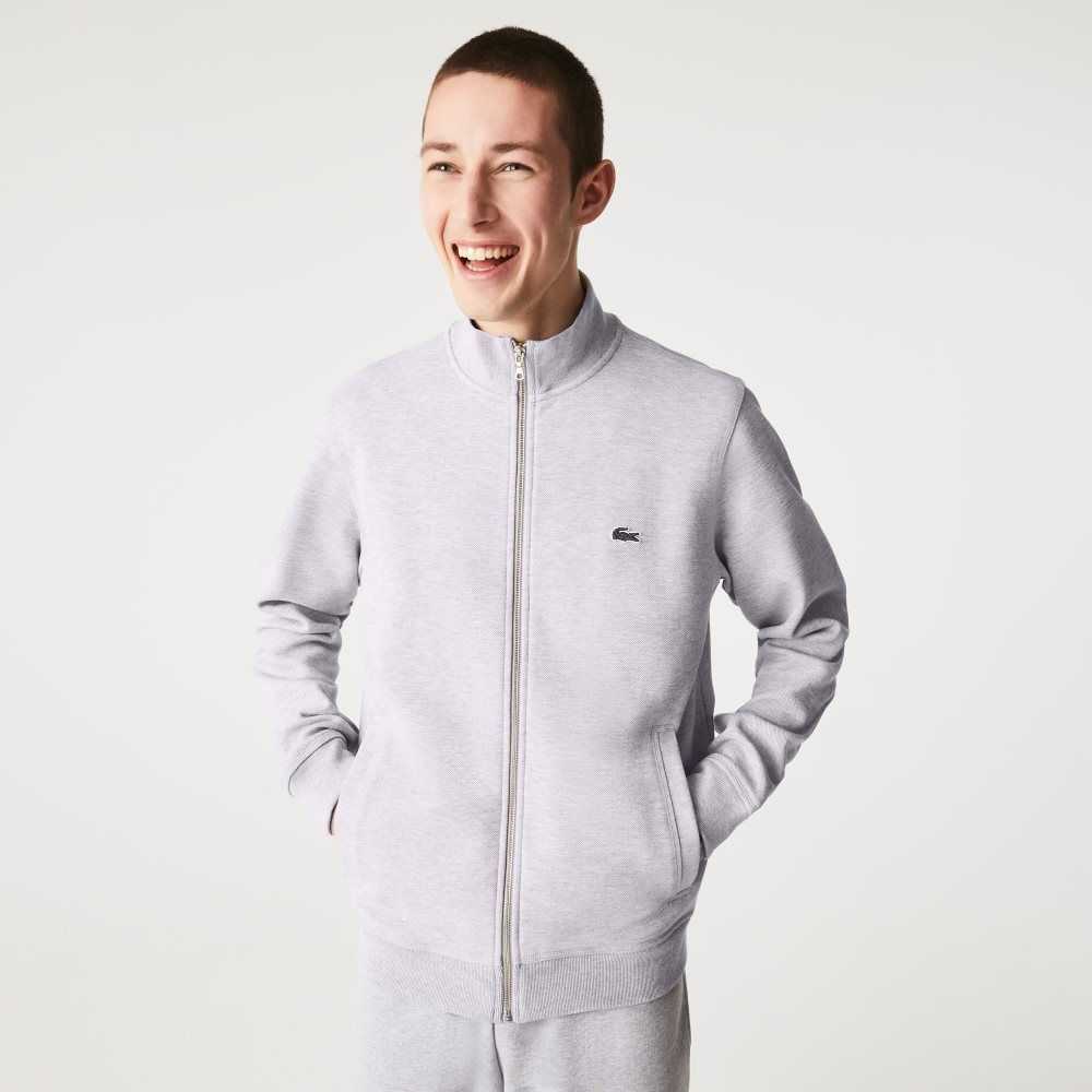 Lacoste Zippered Stand-Up Collar Pique Fleece Jacket Grey Chine | MTL-583614