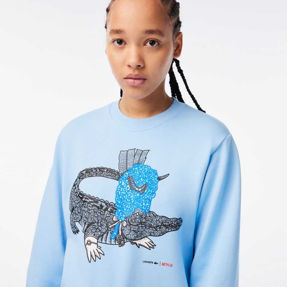 Lacoste x Netflix Loose Fit Organic Cotton Fleece Sweatshirt Blue | JKR-243017