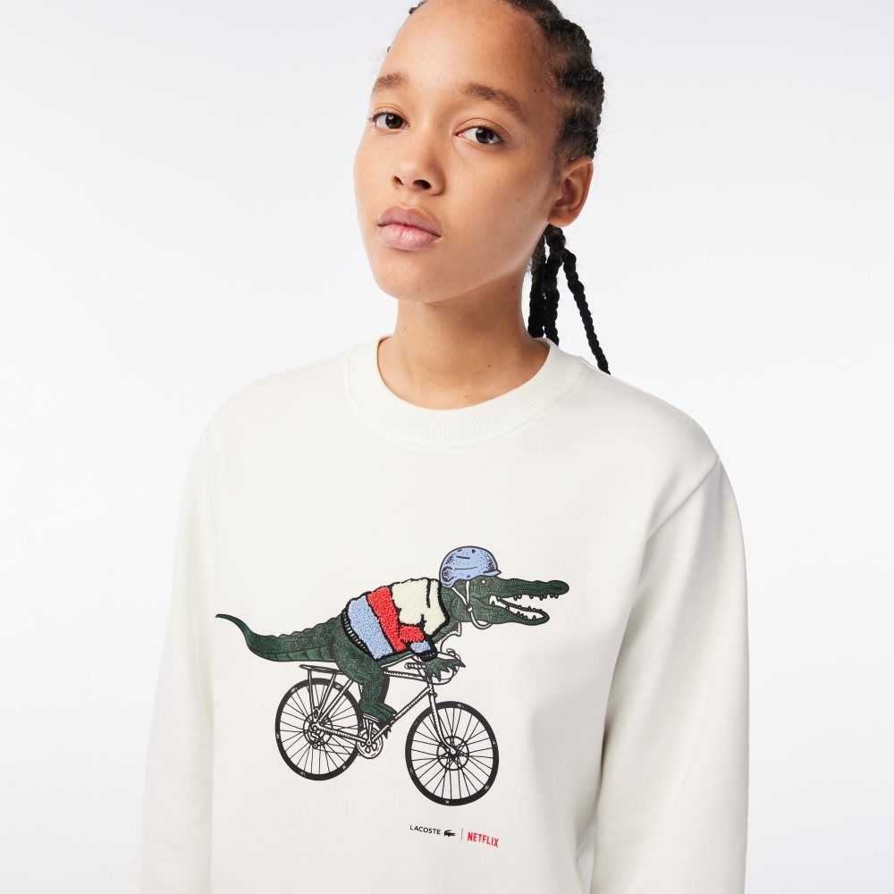 Lacoste x Netflix Loose Fit Organic Cotton Fleece Sweatshirt White | KTW-132604