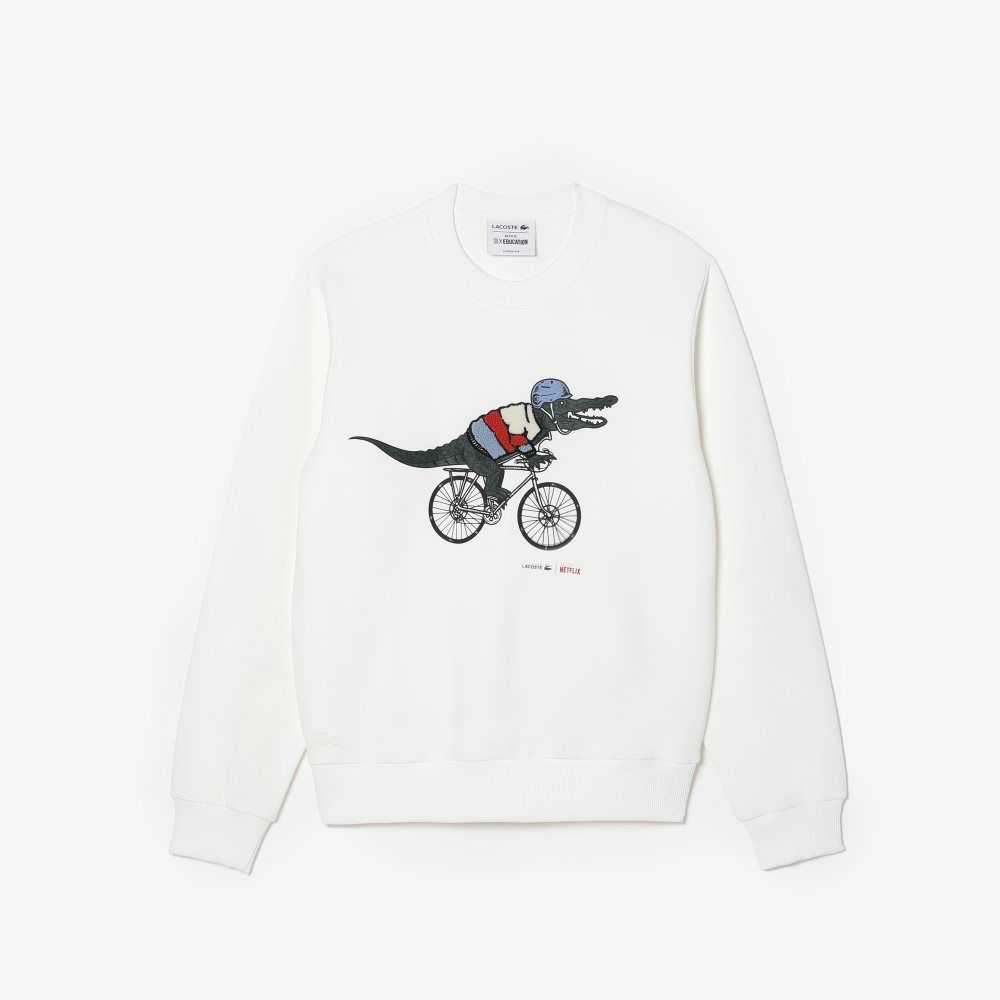 Lacoste x Netflix Loose Fit Organic Cotton Fleece Sweatshirt White | KTW-132604