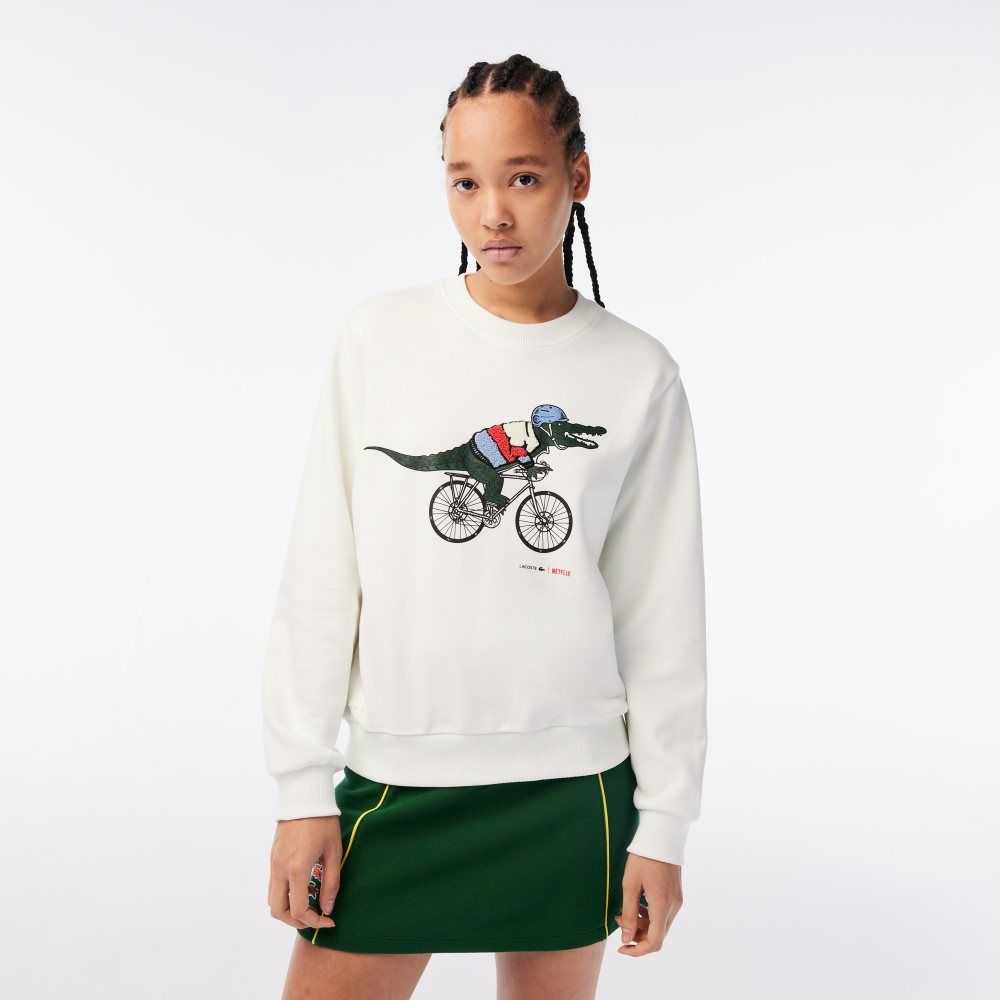 Lacoste x Netflix Loose Fit Organic Cotton Fleece Sweatshirt White | KTW-132604