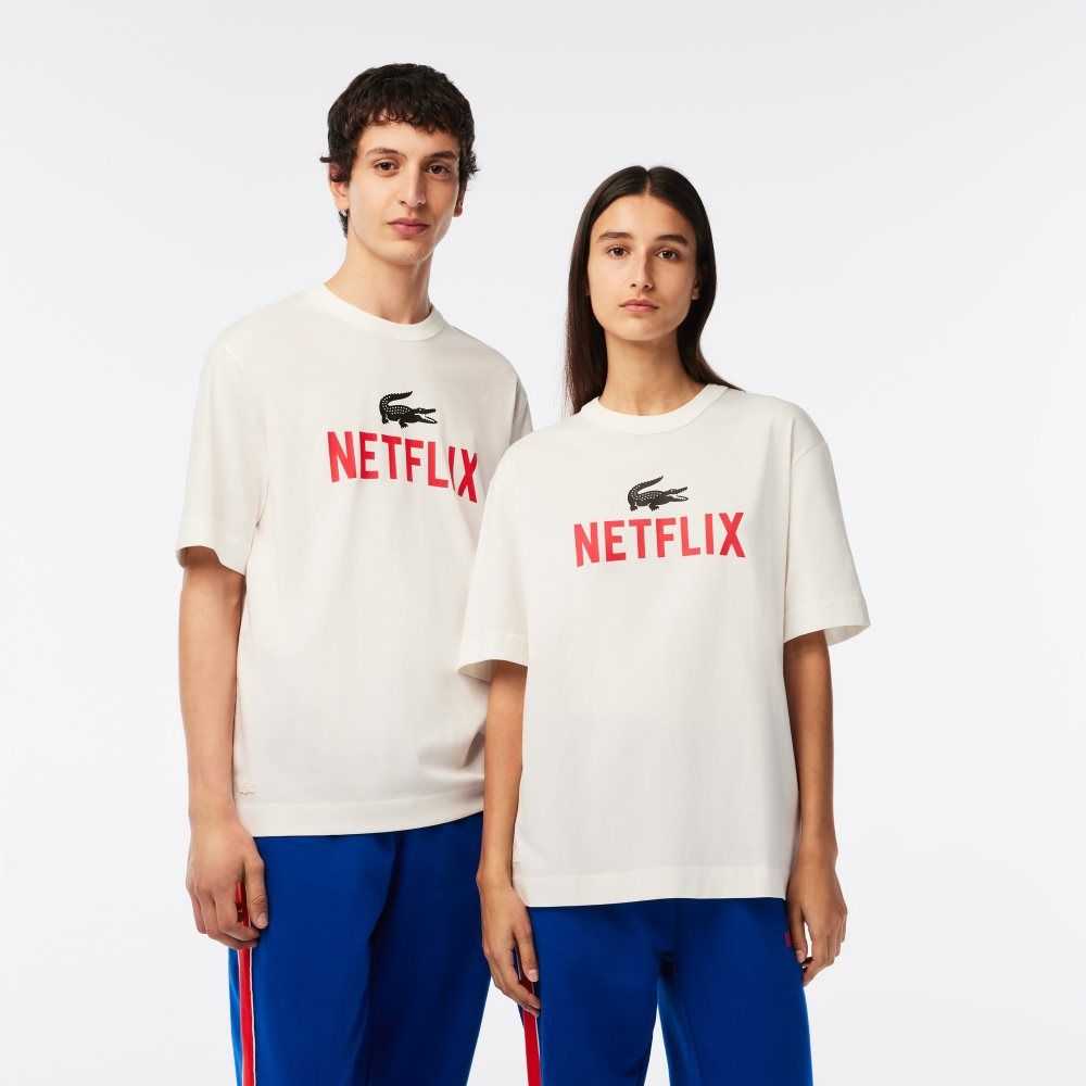 Lacoste x Netflix Loose Fit Organic Cotton T-Shirt White | MIB-531208