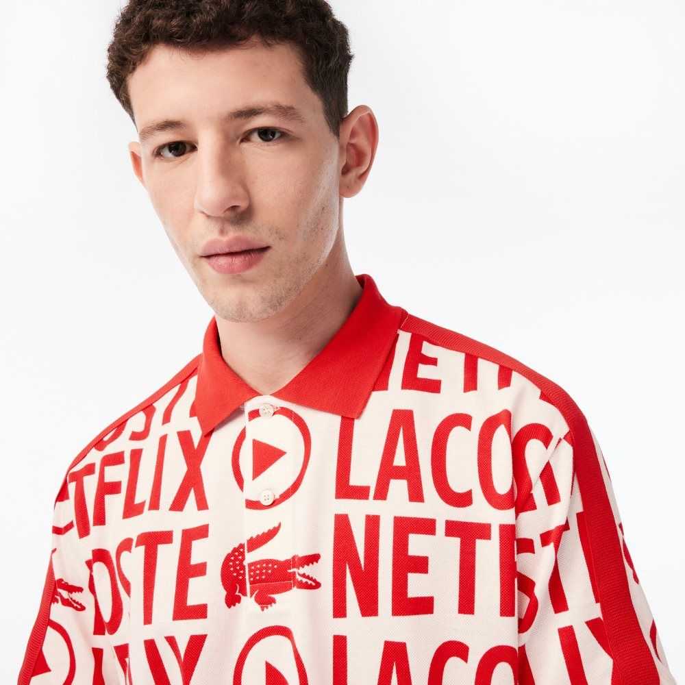 Lacoste x Netflix Loose Fit Organic Cotton Print Polo White / Red | UEW-289365