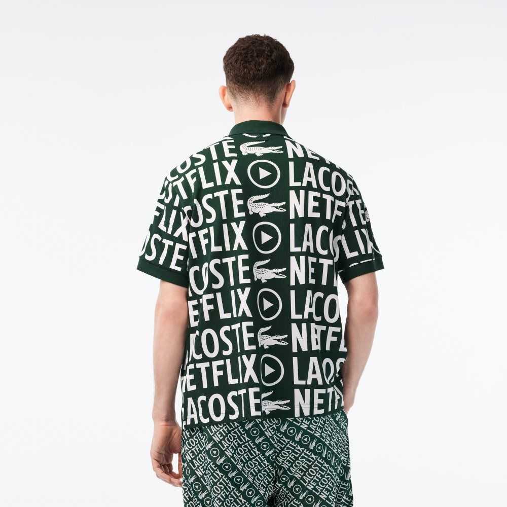 Lacoste x Netflix Loose Fit Organic Cotton Print Polo Green / White | YNU-306218