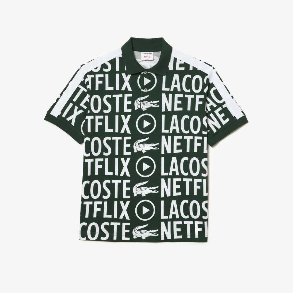 Lacoste x Netflix Loose Fit Organic Cotton Print Polo Green / White | YNU-306218