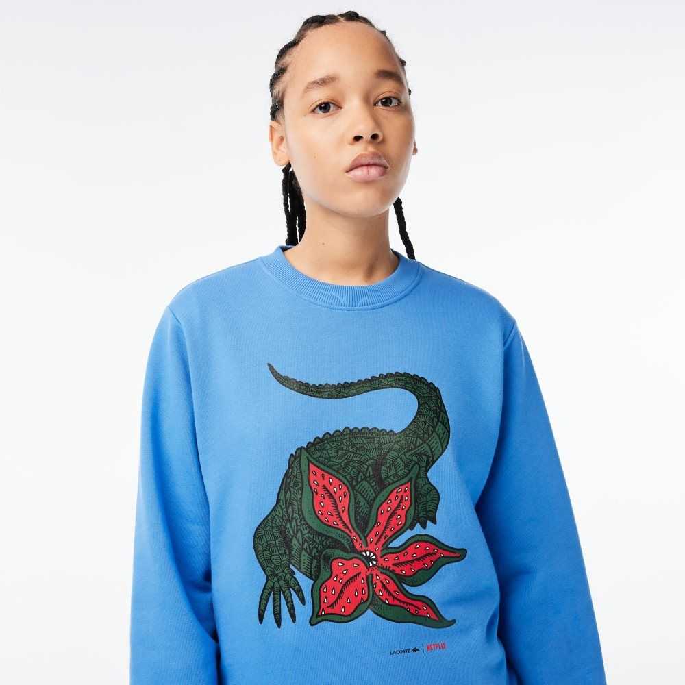 Lacoste x Netflix Loose Fit Organic Cotton Fleece Sweatshirt Blue | ZGR-143957