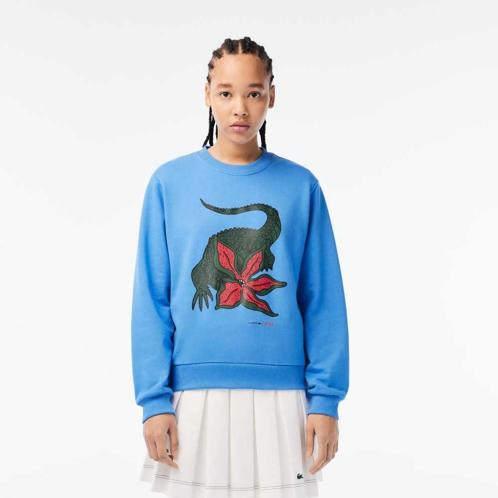 Lacoste x Netflix Loose Fit Organic Cotton Fleece Sweatshirt Blue | ZGR-143957