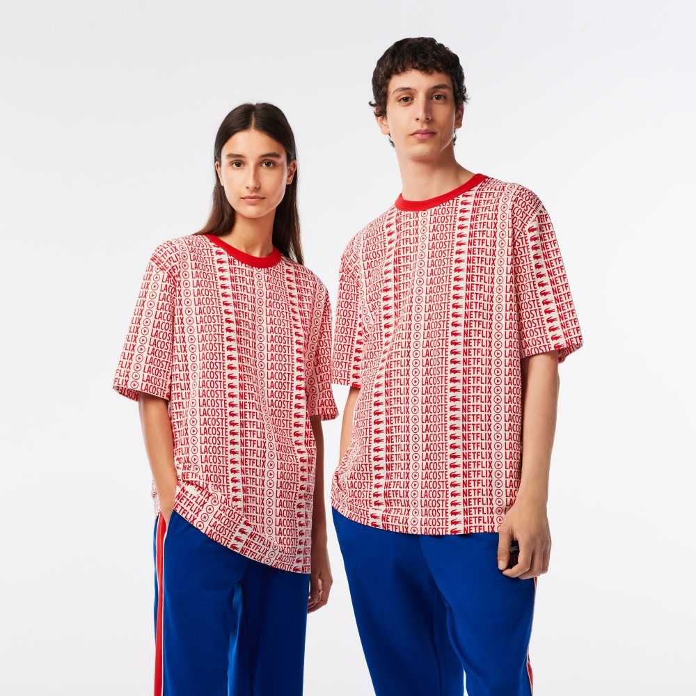 Lacoste x Netflix Loose Fit Printed T-Shirt White / Red | HTX-406235