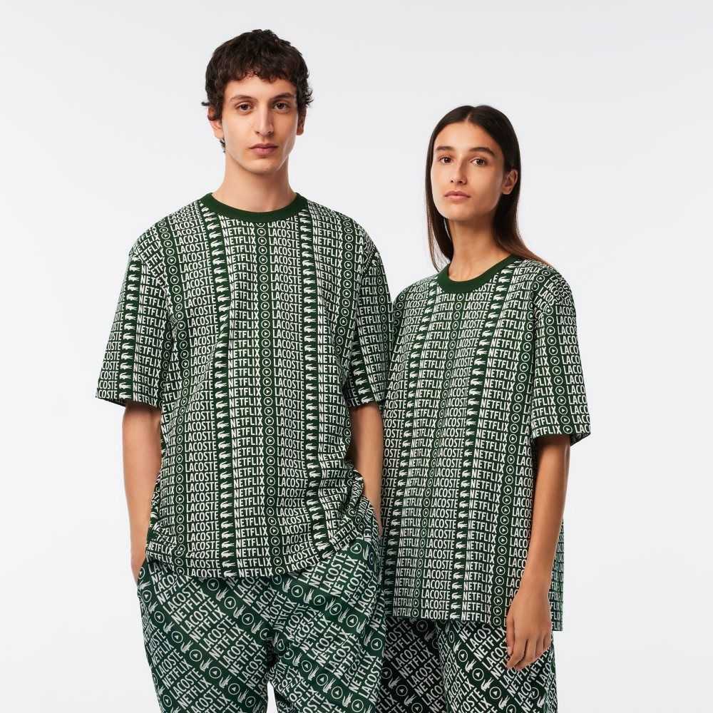 Lacoste x Netflix Loose Fit Printed T-Shirt Green / White | QBG-186950