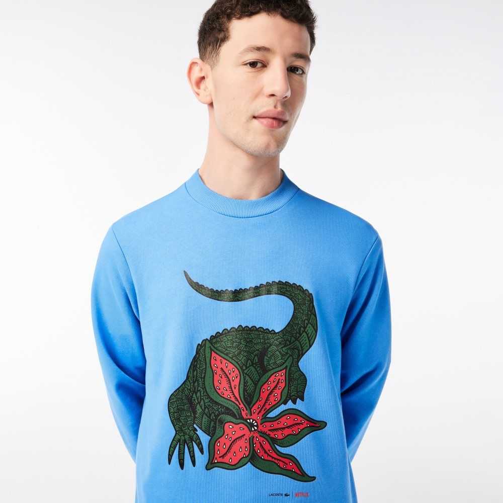 Lacoste x Netflix Organic Cotton Fleece Print Sweatshirt Blue | HAP-092734