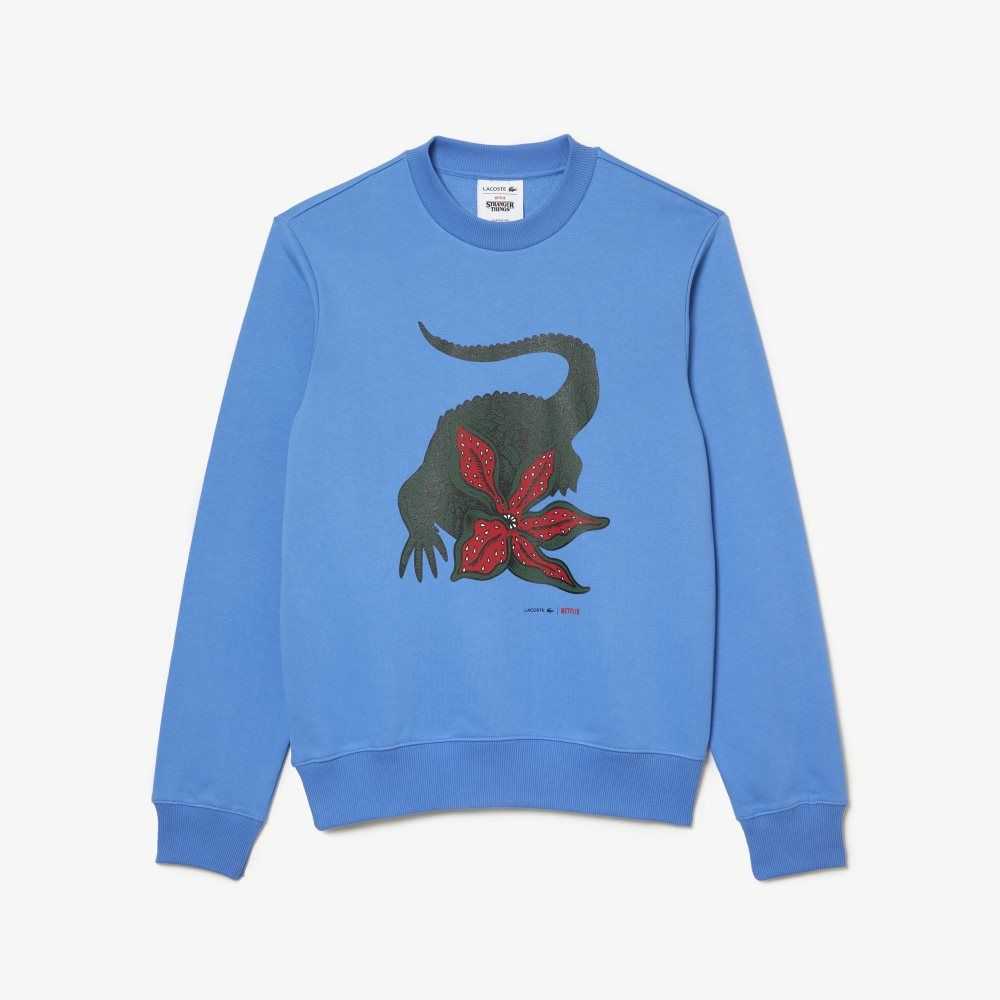 Lacoste x Netflix Organic Cotton Fleece Print Sweatshirt Blue | HAP-092734