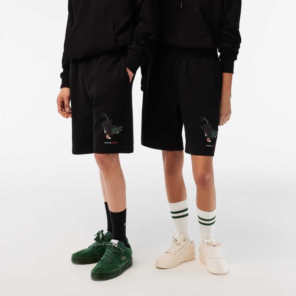 Lacoste x Netflix Organic Cotton Fleece Shorts Black | QYX-842159