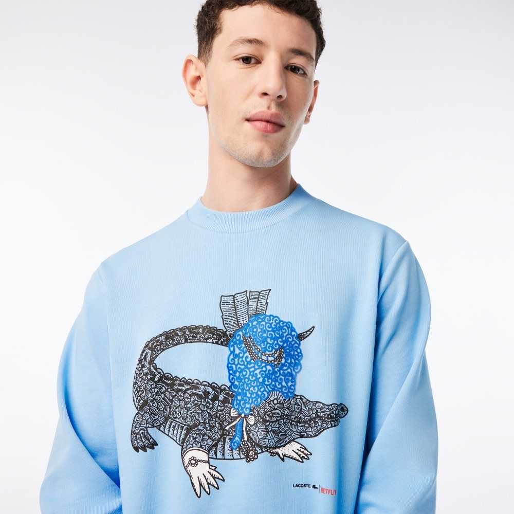 Lacoste x Netflix Organic Cotton Fleece Print Sweatshirt Blue | SIA-639841