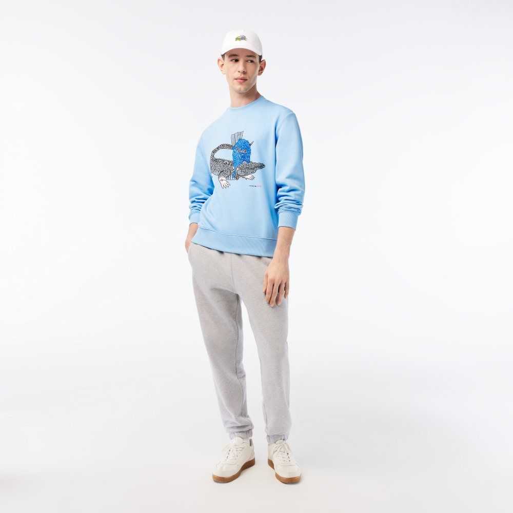 Lacoste x Netflix Organic Cotton Fleece Print Sweatshirt Blue | SIA-639841