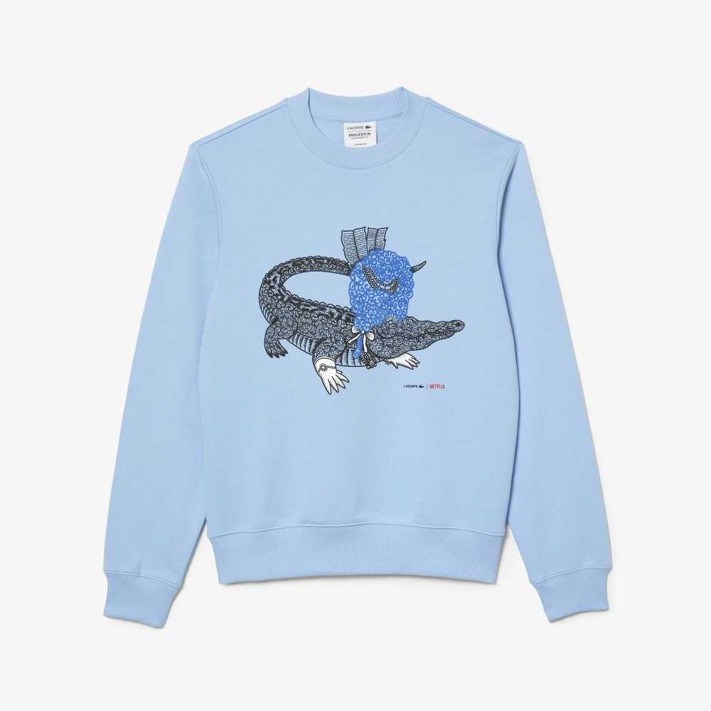 Lacoste x Netflix Organic Cotton Fleece Print Sweatshirt Blue | SIA-639841