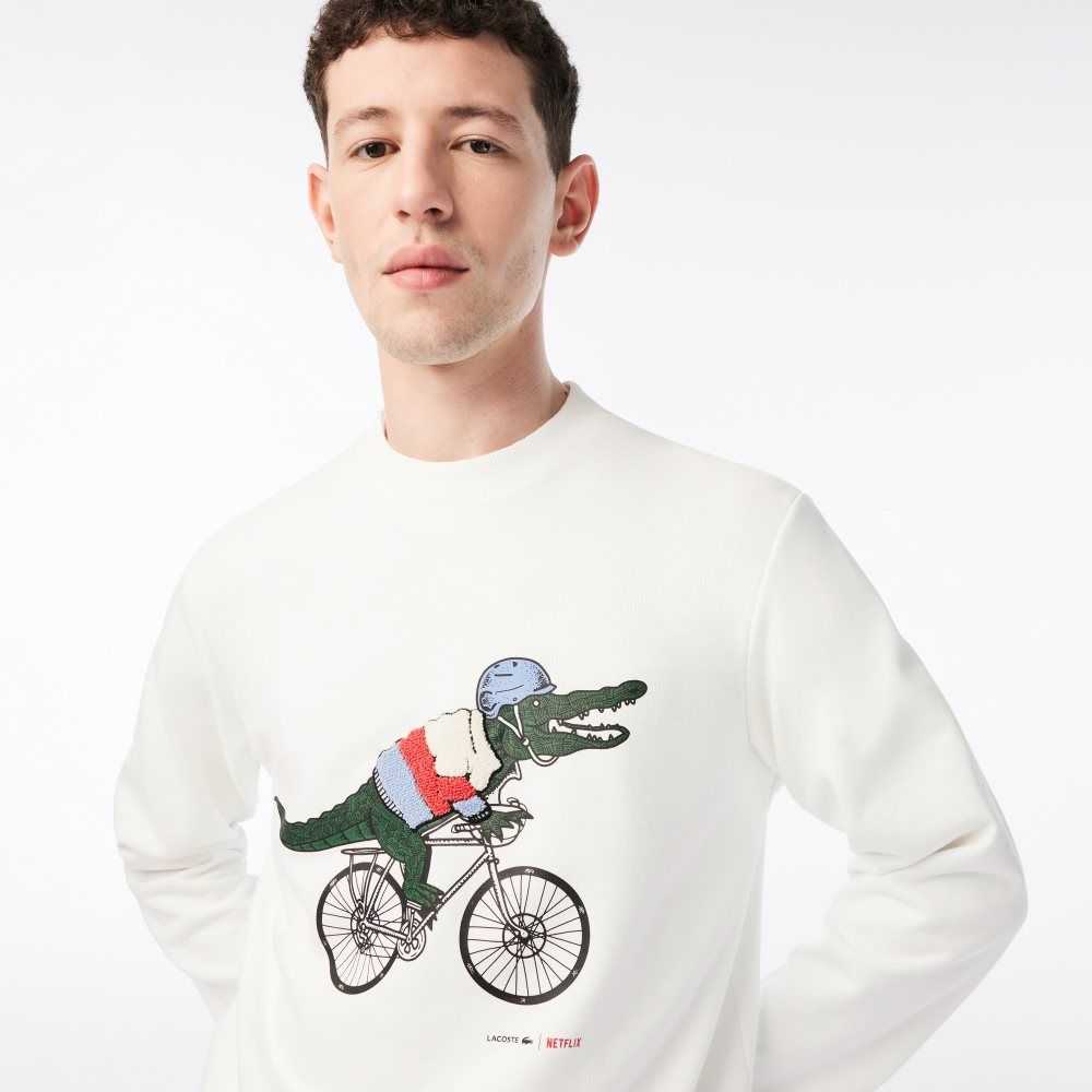 Lacoste x Netflix Organic Cotton Fleece Print Sweatshirt White | YAH-450178