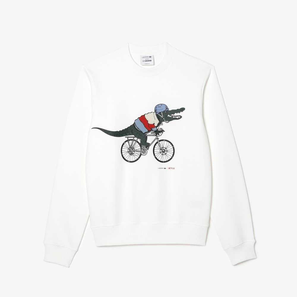 Lacoste x Netflix Organic Cotton Fleece Print Sweatshirt White | YAH-450178