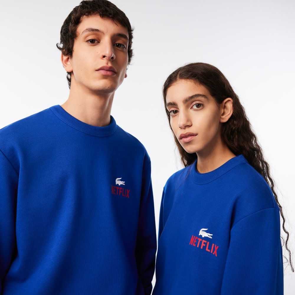 Lacoste x Netflix Round Neck Print Back Sweatshirt Blue | NHQ-045872