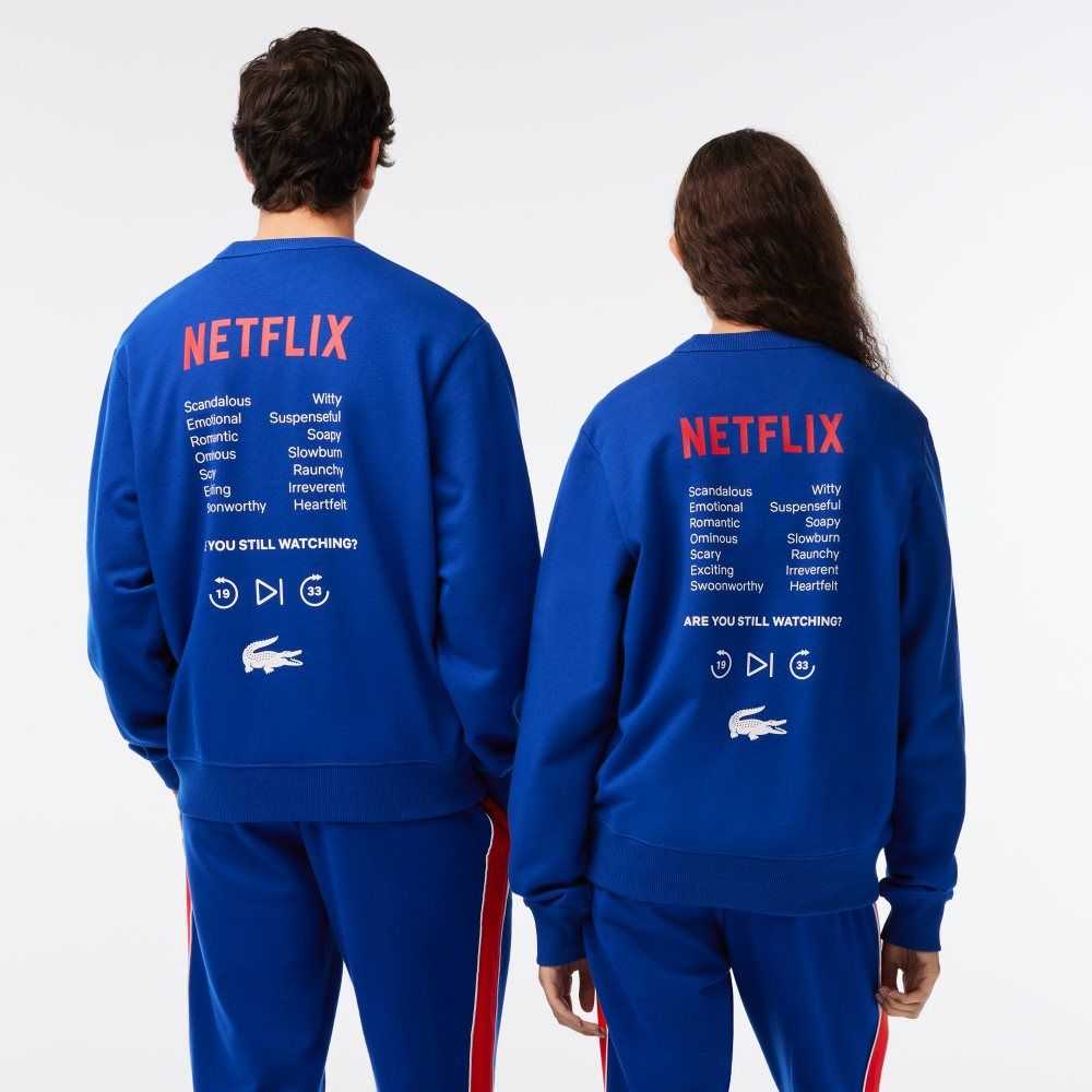 Lacoste x Netflix Round Neck Print Back Sweatshirt Blue | NHQ-045872