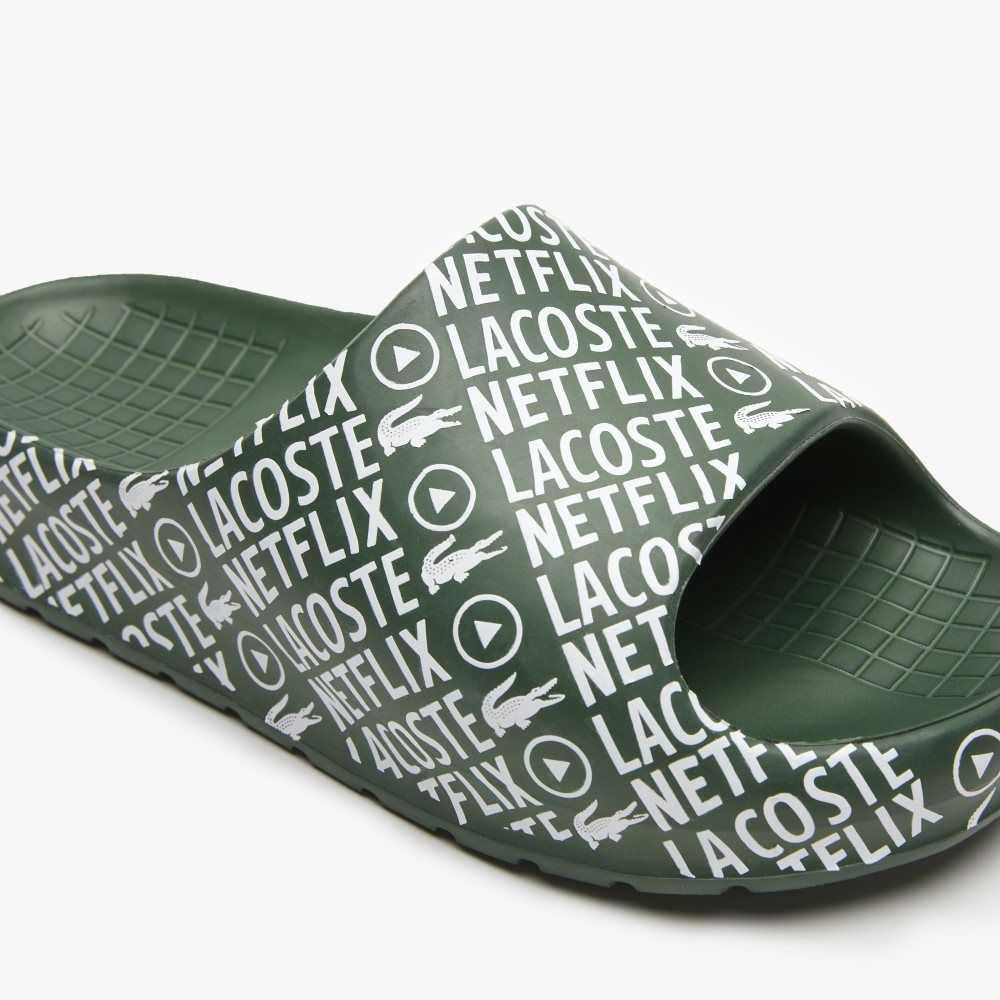 Lacoste x Netflix Serve Slide Slides Dk Grn/Wht | QVA-079261