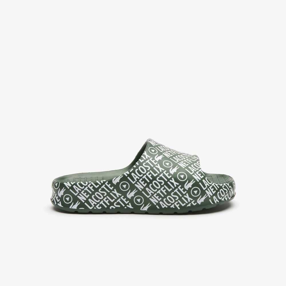 Lacoste x Netflix Serve Slide Slides Dk Grn/Wht | QVA-079261